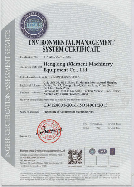 Trung Quốc Henglong (Xiamen) Machinery Equipment Co., Ltd. Chứng chỉ